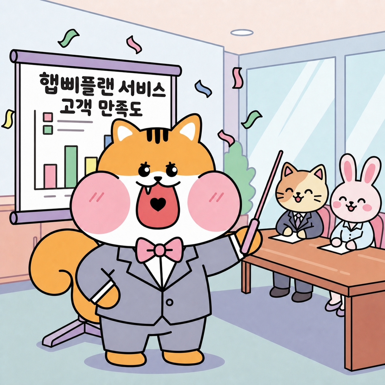 회의실에서 멋지게 브리핑하고 있는 햅삐